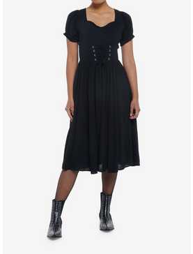 Black Puff Sleeve Corset Midi Dress, , hi-res