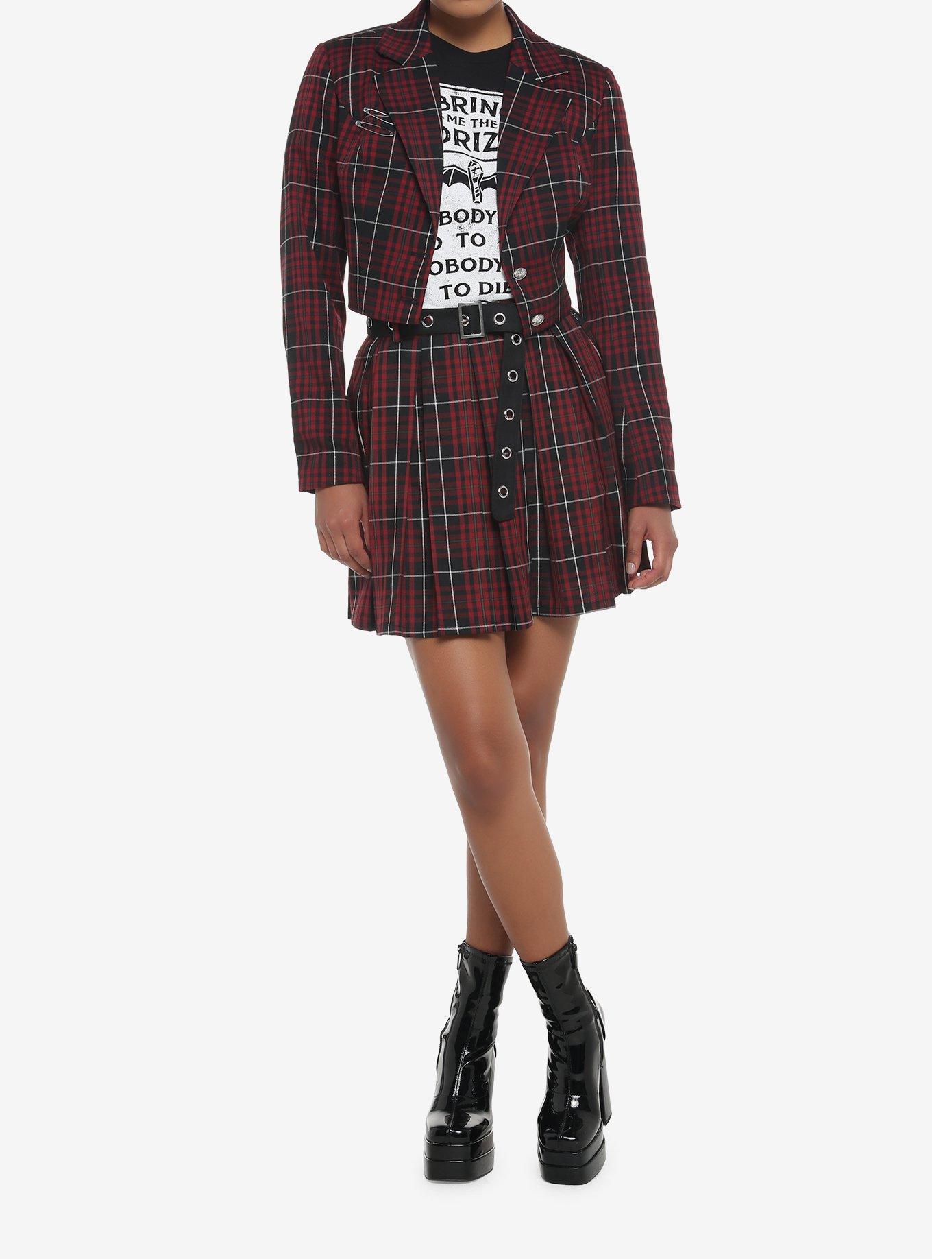 Dark Red Plaid Pleated Skirt With Grommet Belt, PLAID-MAROON, alternate