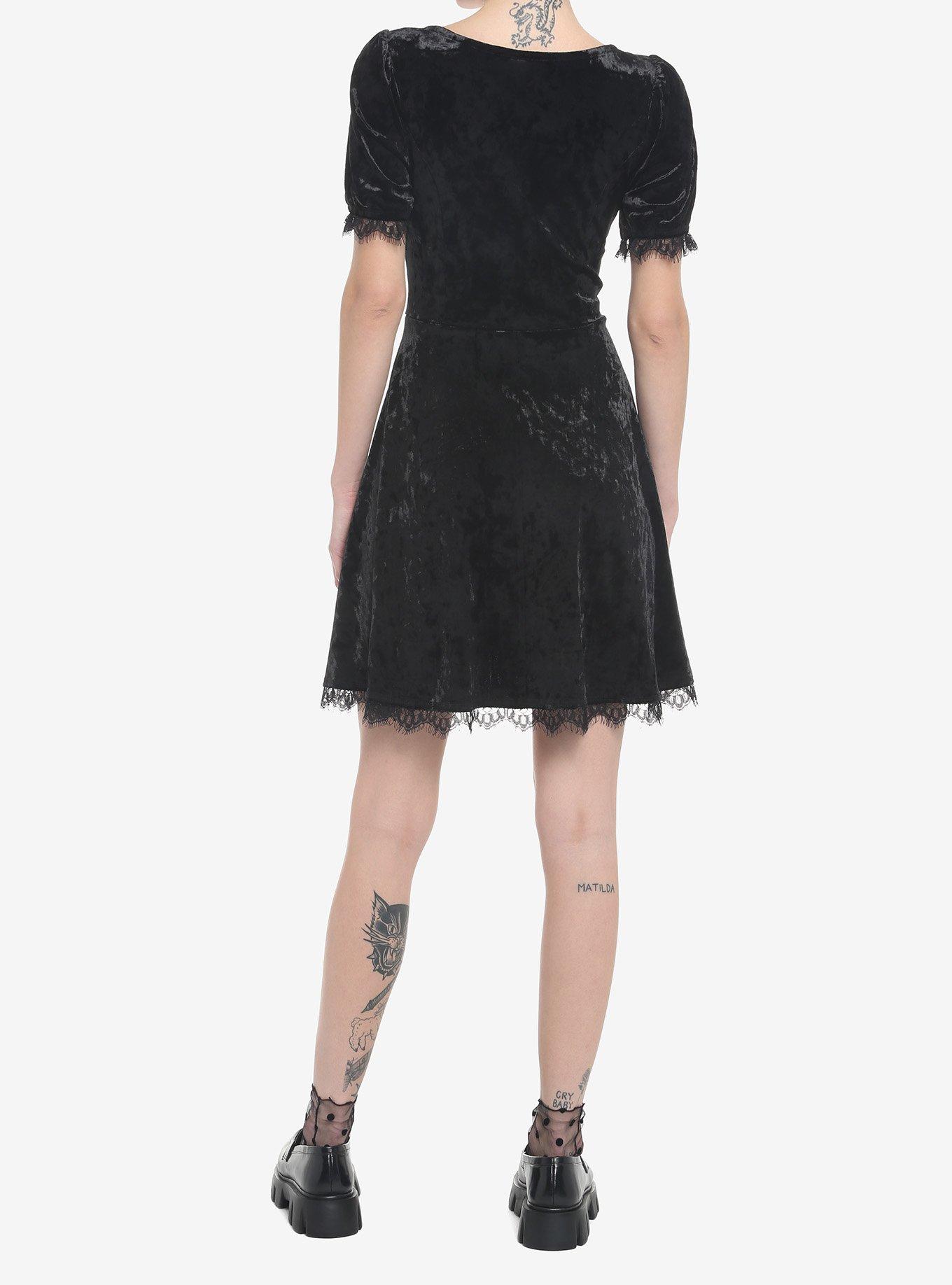 Black Crushed Velvet & Lace Mini Dress, BLACK, alternate