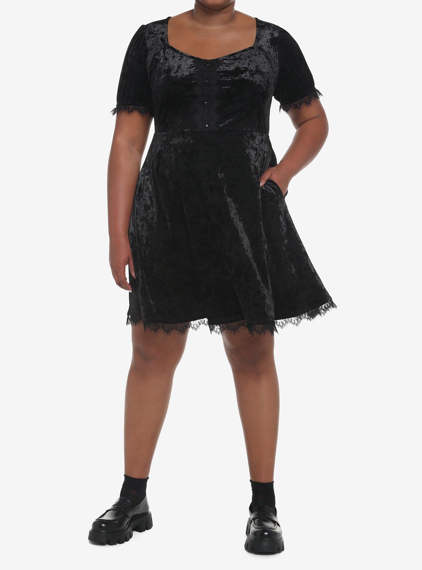 Black Crushed Velvet & Lace Mini Dress Plus Size, BLACK, alternate