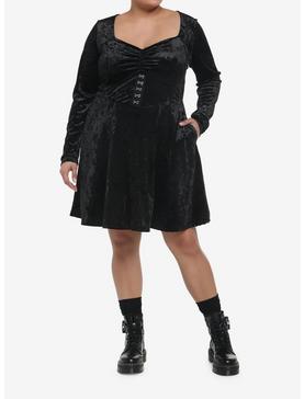 Plus Size Black Crushed Velvet Hood-And-Eye Mini Dress Plus Size, , hi-res