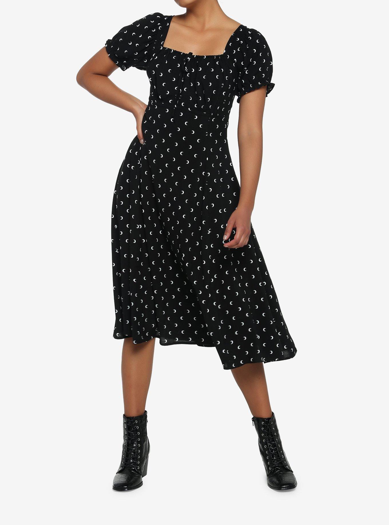 Black Crescent Moon Puff Sleeve Midi Dress, BLACK, alternate