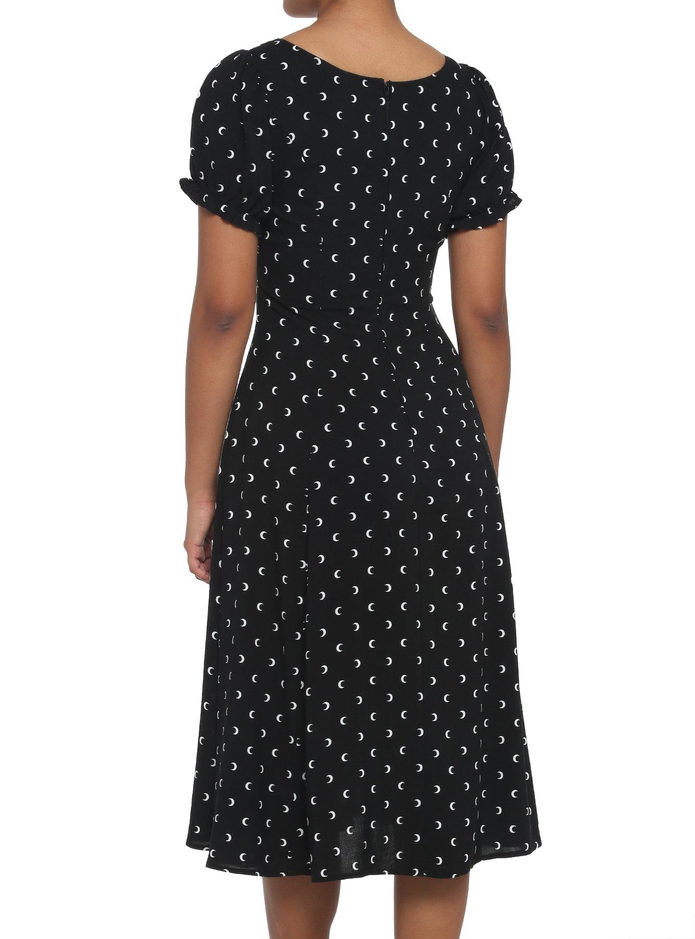 Black Crescent Moon Puff Sleeve Midi Dress, BLACK, alternate