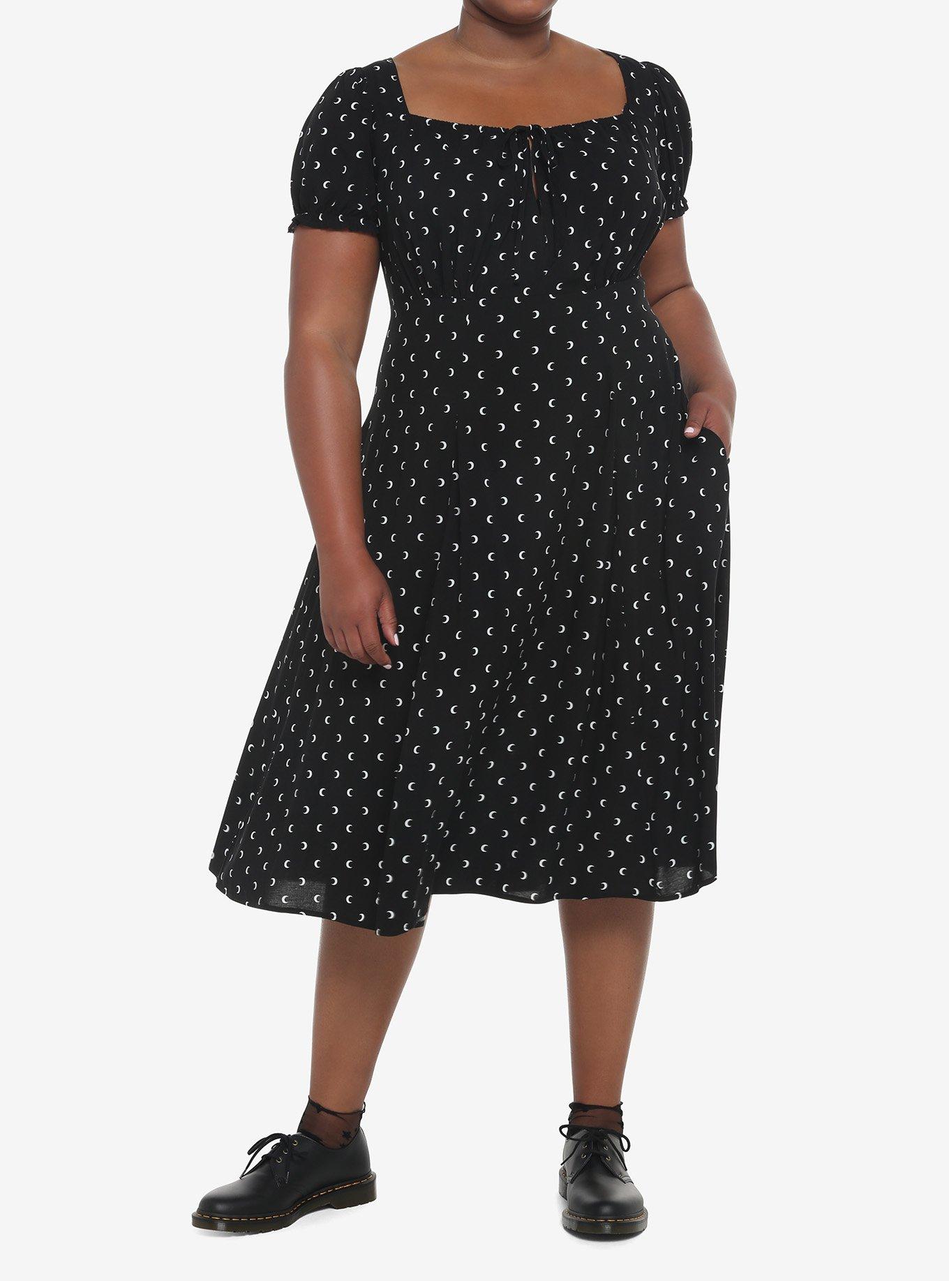 Black Crescent Moon Puff Sleeve Midi Dress Plus Size, BLACK, alternate