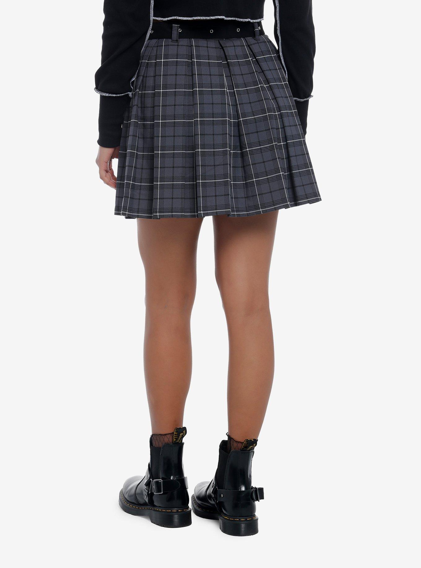 Grey Plaid Pleated Skirt With Grommet Belt, PLAID - GREY, alternate