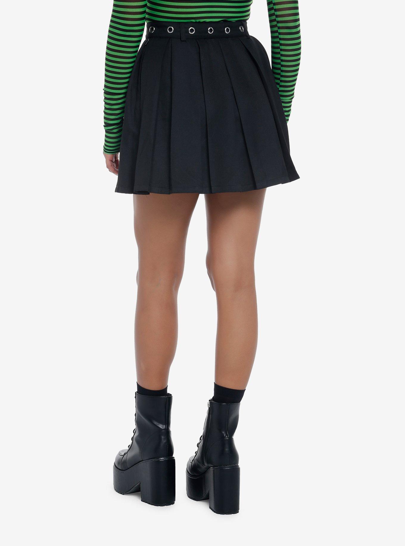 Black Front Chain & Grommet Belt Pleated Skirt, BLACK, alternate - view 2
