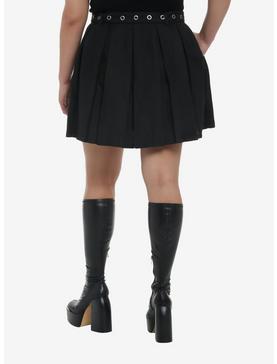 Black Front Chain & Grommet Belt Pleated Skirt Plus Size, , hi-res