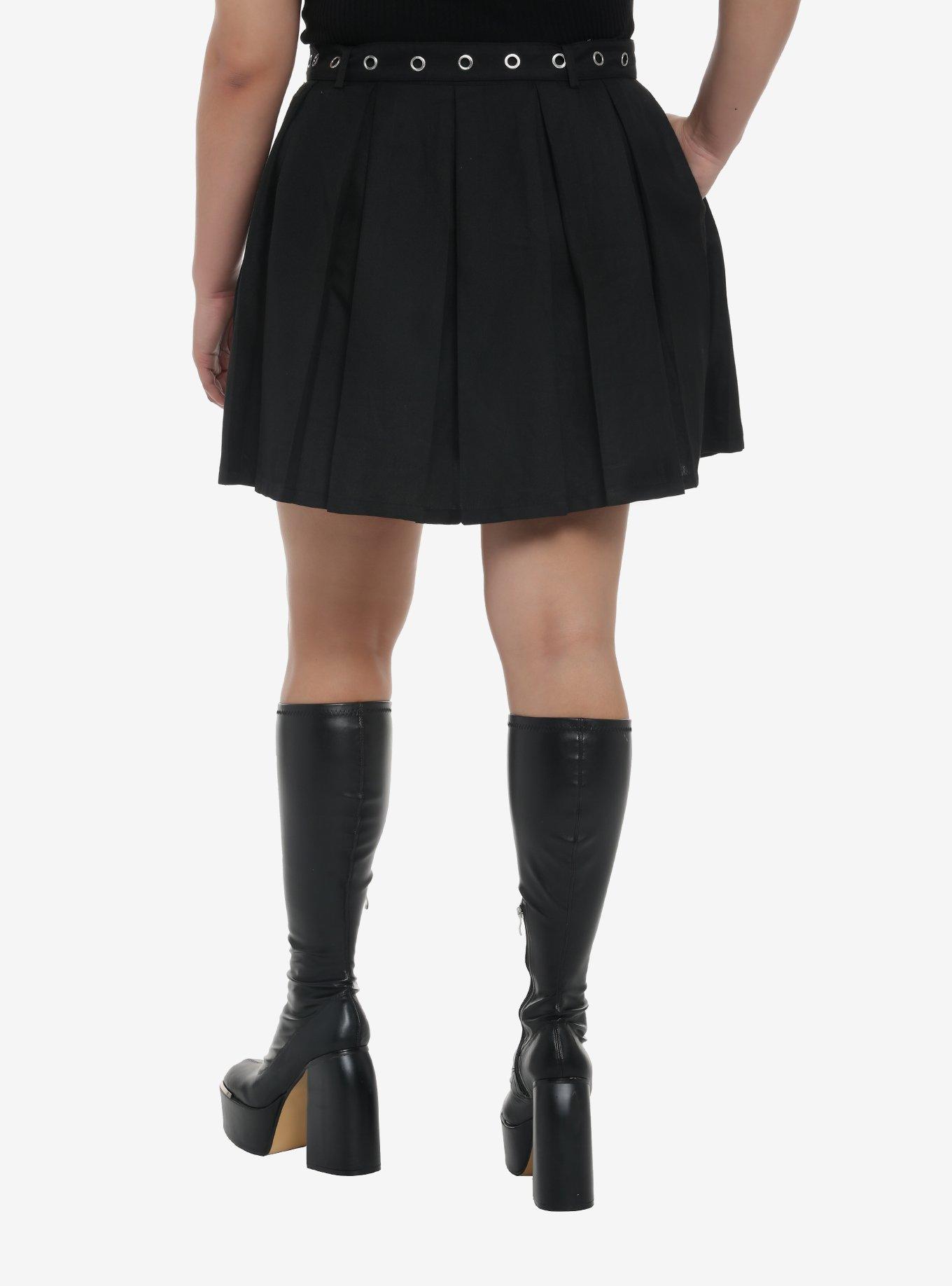 Black Front Chain & Grommet Belt Pleated Skirt Plus Size, BLACK, alternate - view 2