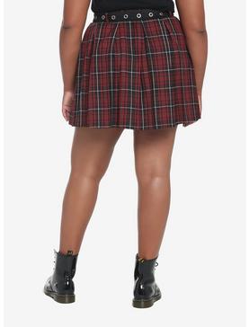 Dark Red Plaid Pleated Skirt With Grommet Belt Plus Size, , hi-res
