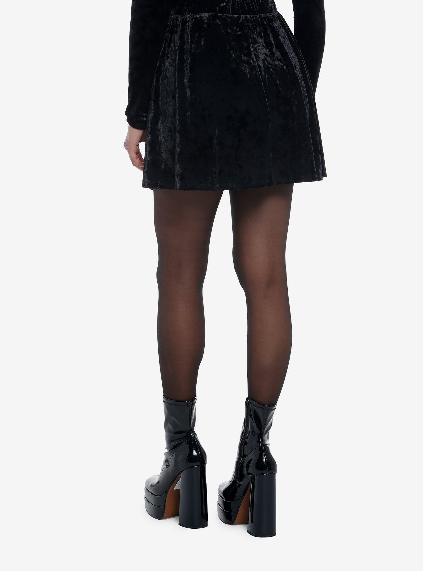 Crushed Black Velvet Lace-Up Skater Skirt, BLACK, alternate
