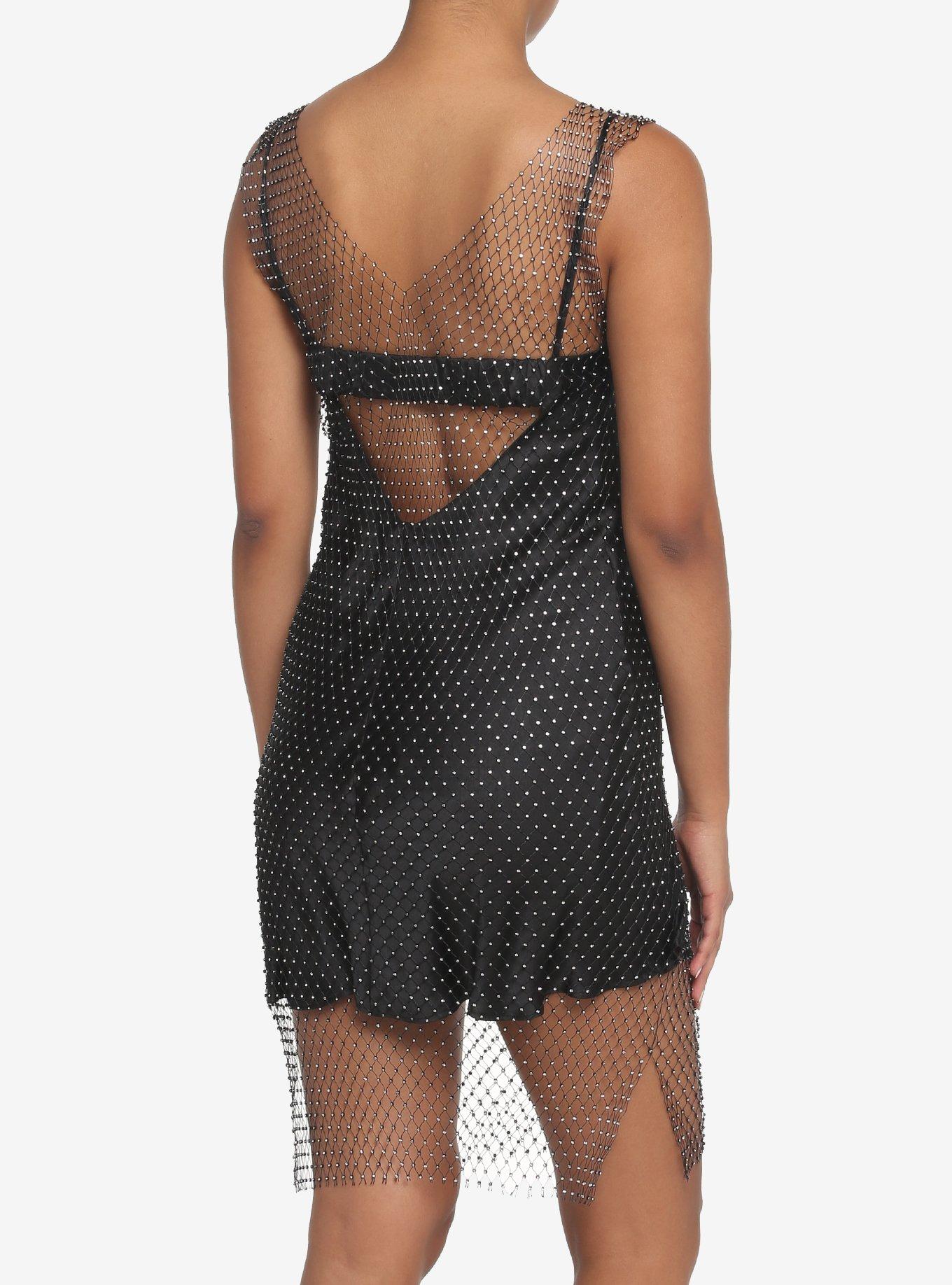 Black Rhinestone Fishnet Dress, BLACK, alternate