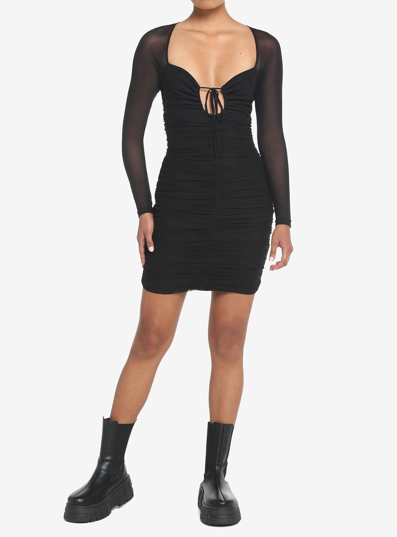 Black Ruched Mesh Mini Dress, BLACK, alternate