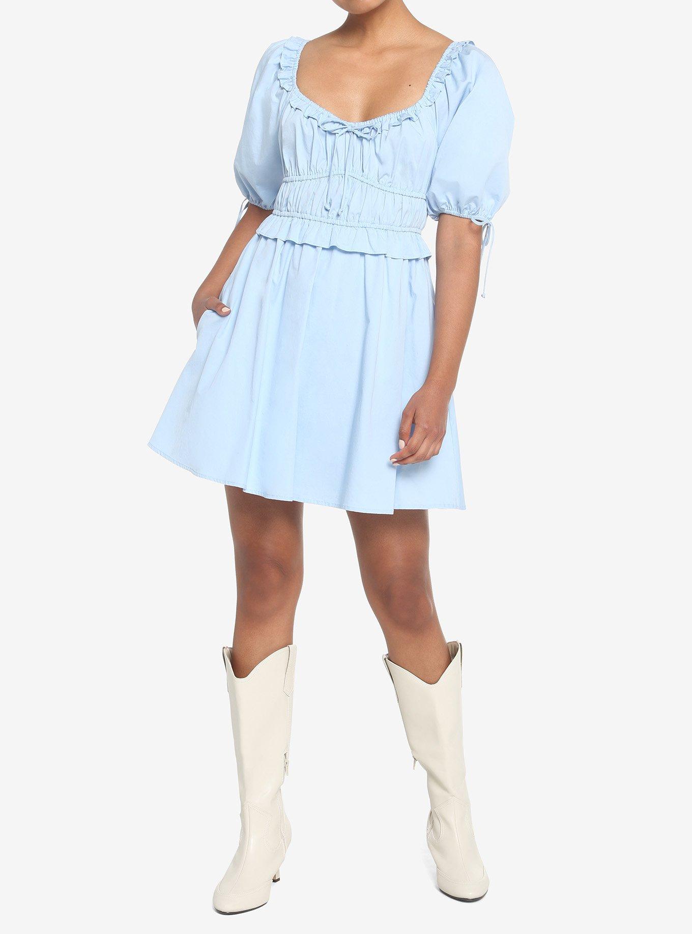 Blue Puff Sleeve Smocked Dress, BLACK, alternate