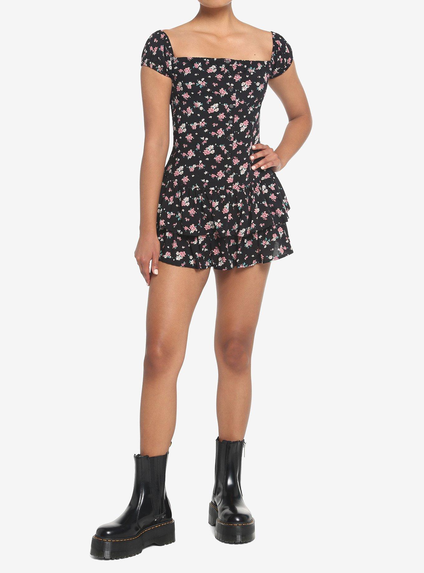 Black Floral Tiered Dress, BLACK, alternate