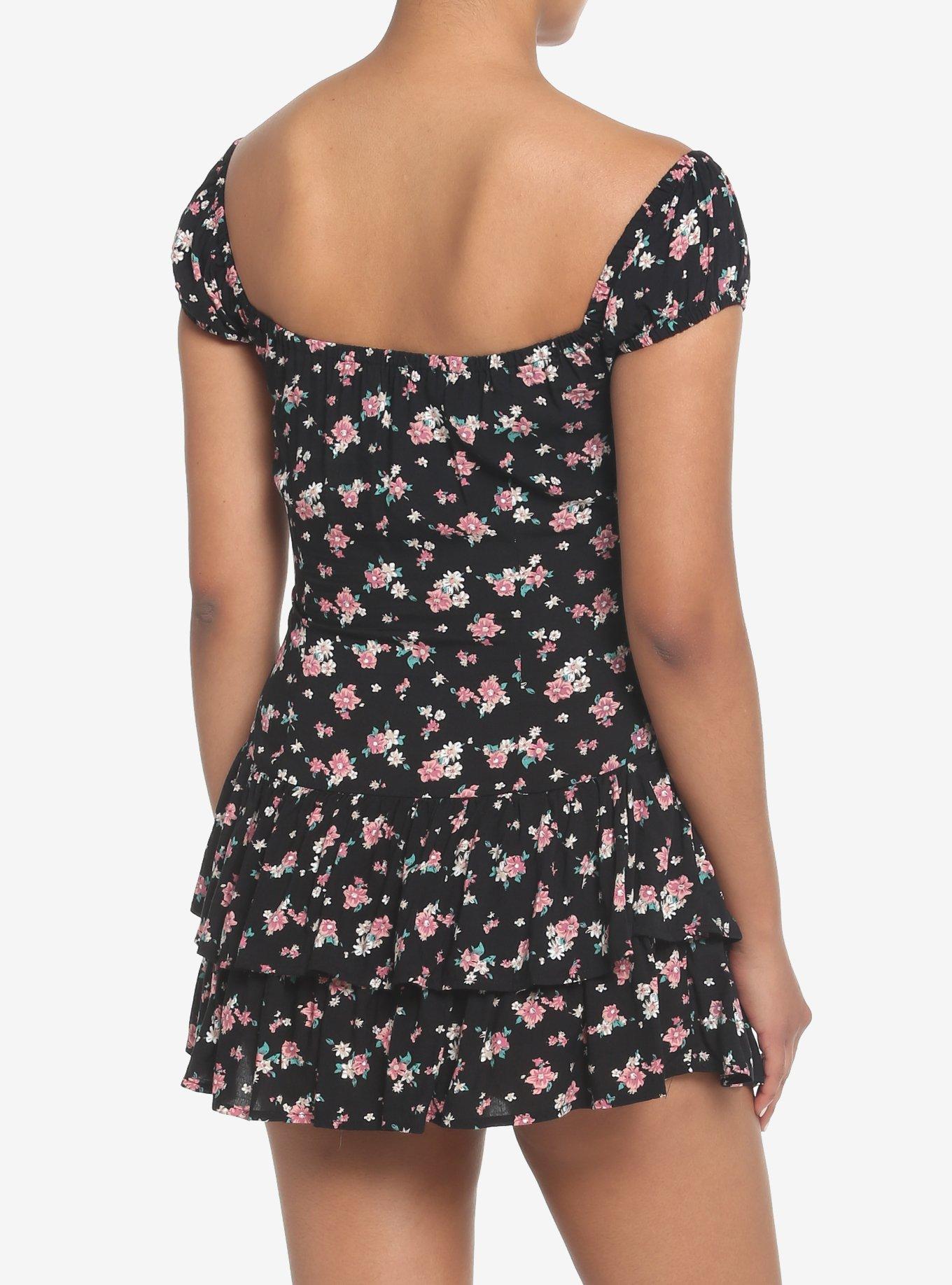 Black Floral Tiered Dress, BLACK, alternate