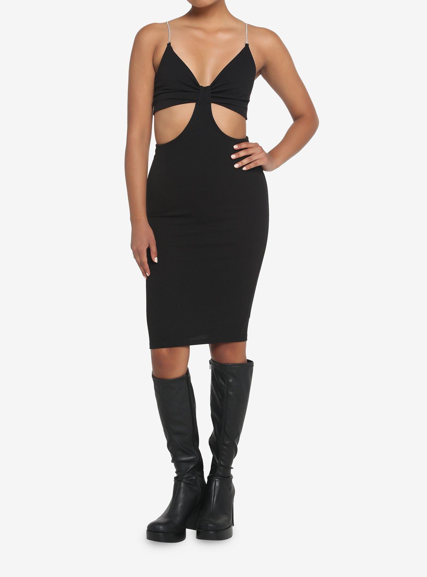 Black Cutout Rhinestone Strap Bodycon Dress, BLACK, alternate