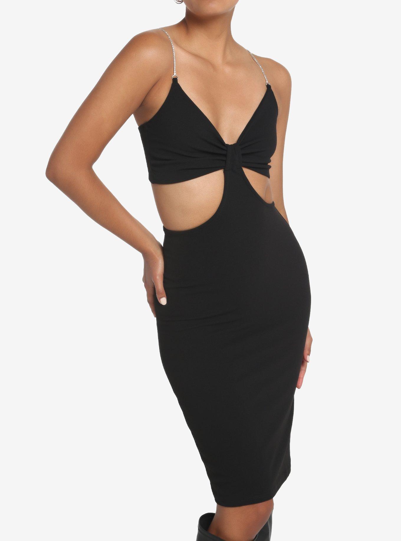 Black Cutout Rhinestone Strap Bodycon Dress, BLACK, alternate