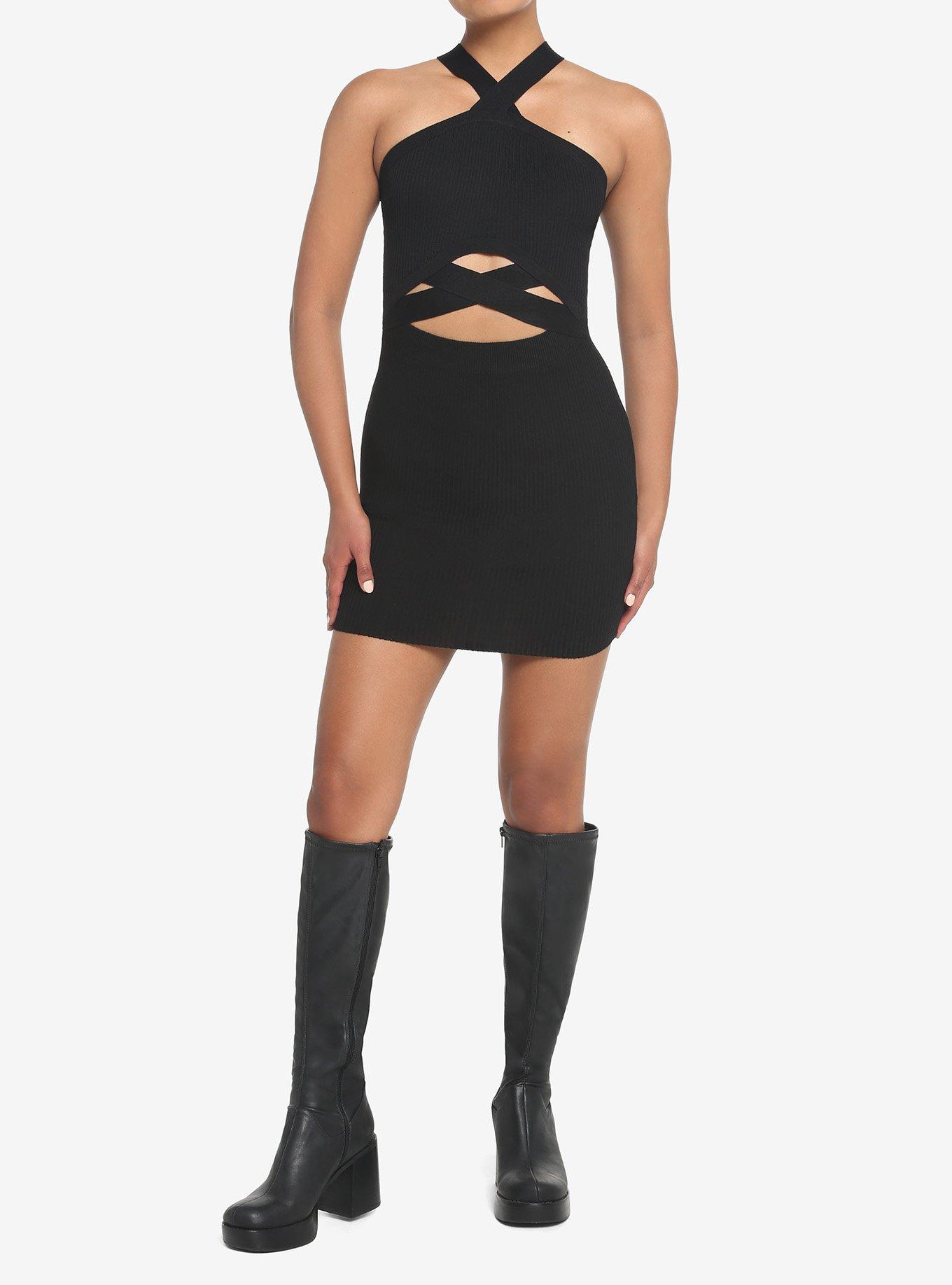 Black Cutout Halter Dress, , hi-res