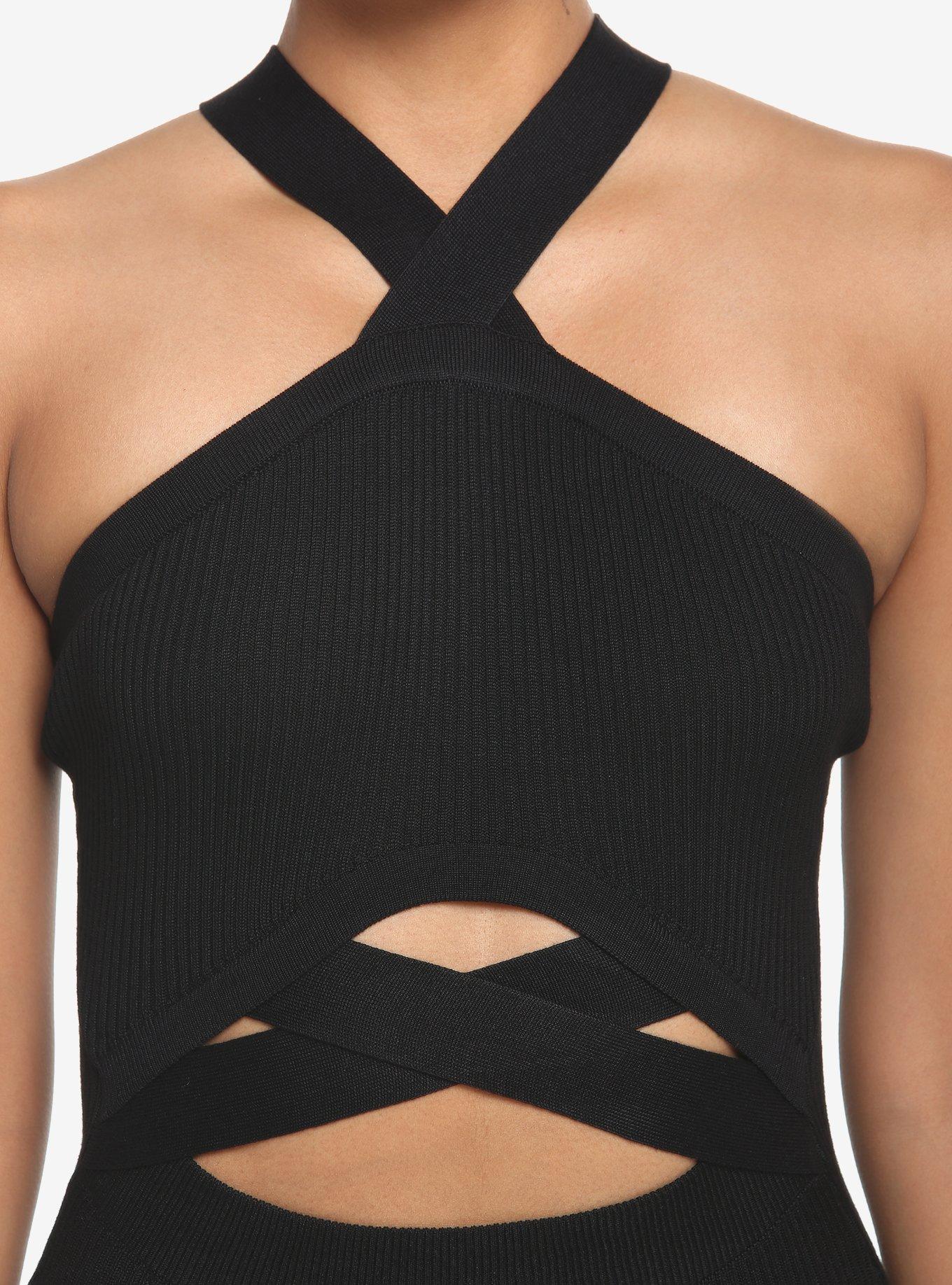 Black Cutout Halter Dress, BLACK, alternate