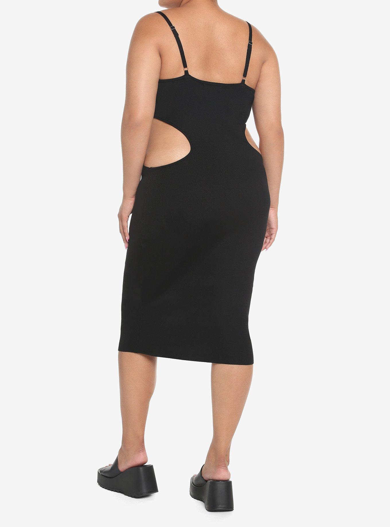 Black Side Cutout Midi Dress Plus Size, BLACK, alternate