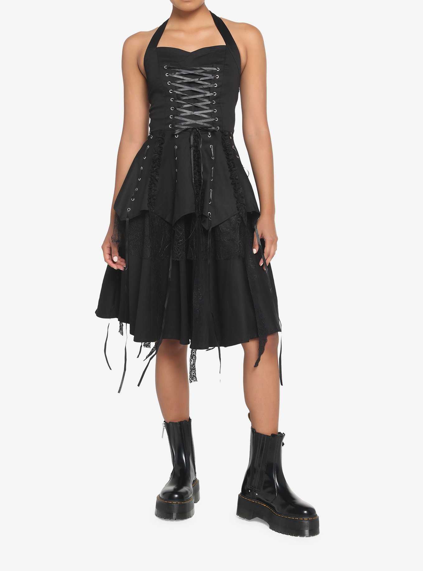 Black Gothic Tiered Halter Dress, , hi-res