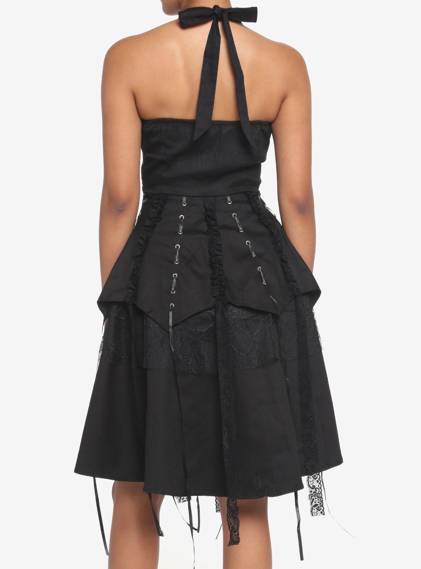Black Gothic Tiered Halter Dress, BLACK, alternate