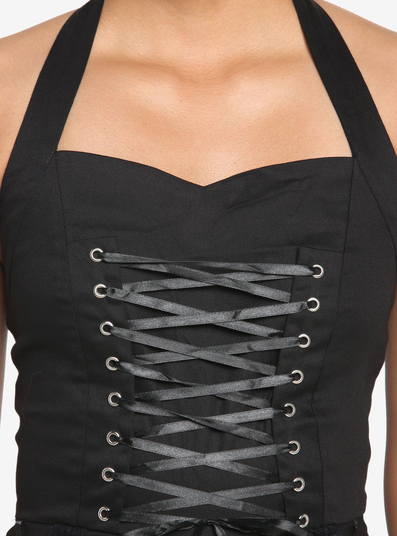 Black Gothic Tiered Halter Dress, BLACK, alternate