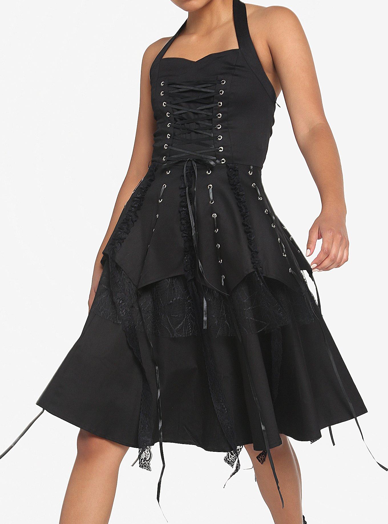 Black Gothic Tiered Halter Dress, BLACK, alternate