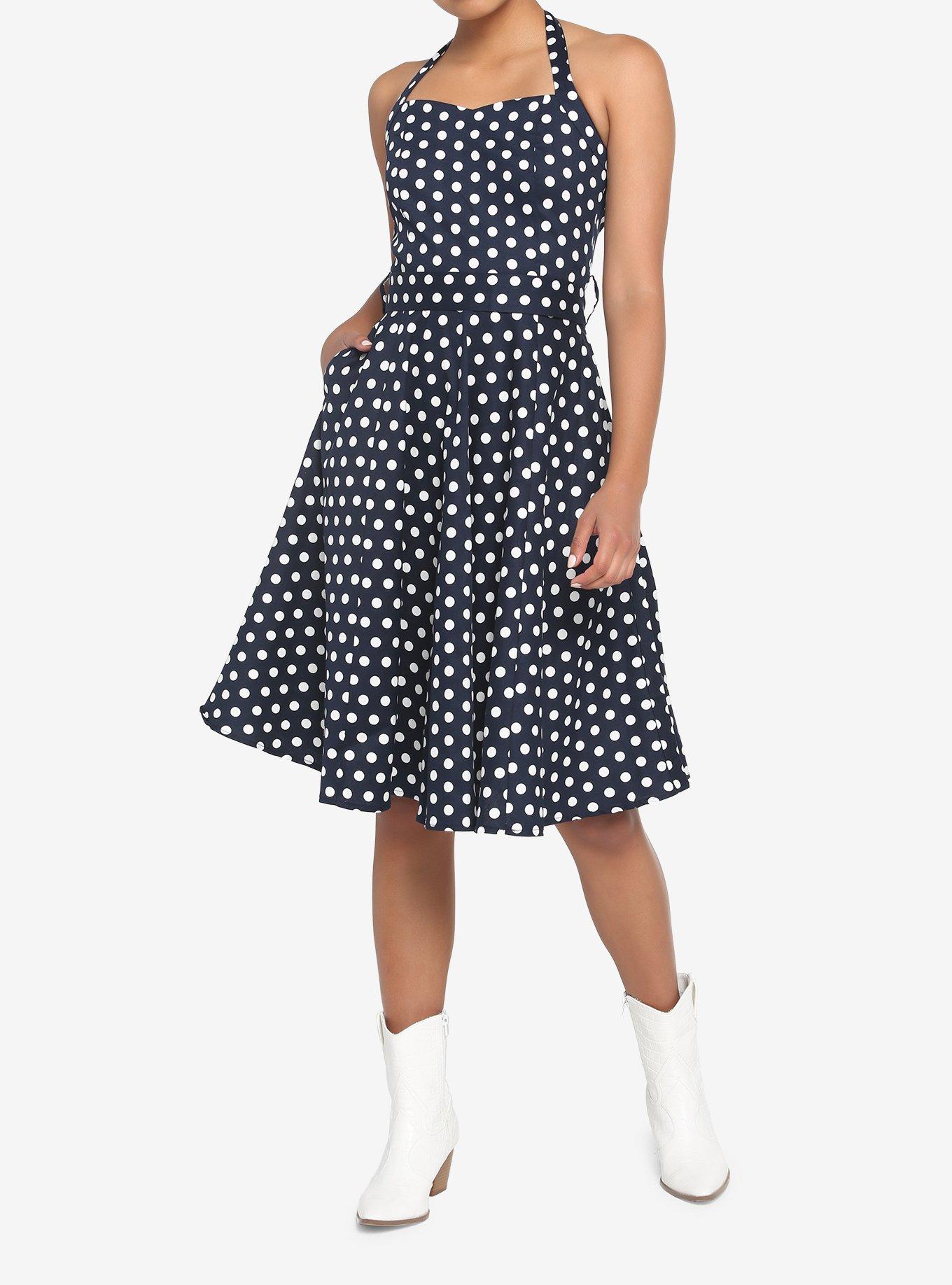 Navy Polka Dot Retro Halter Dress, , hi-res