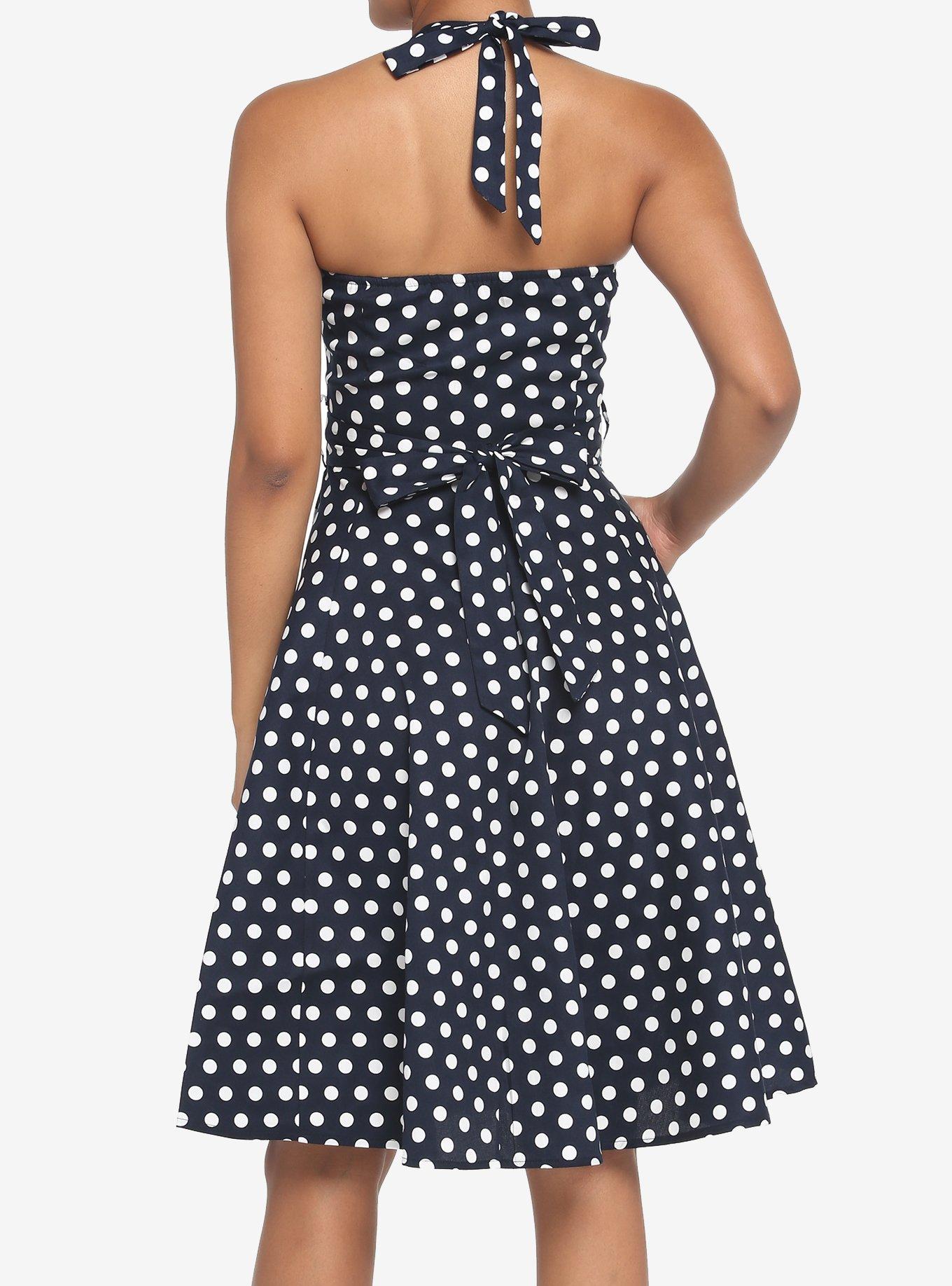 Navy Polka Dot Retro Halter Dress, BLACK, alternate