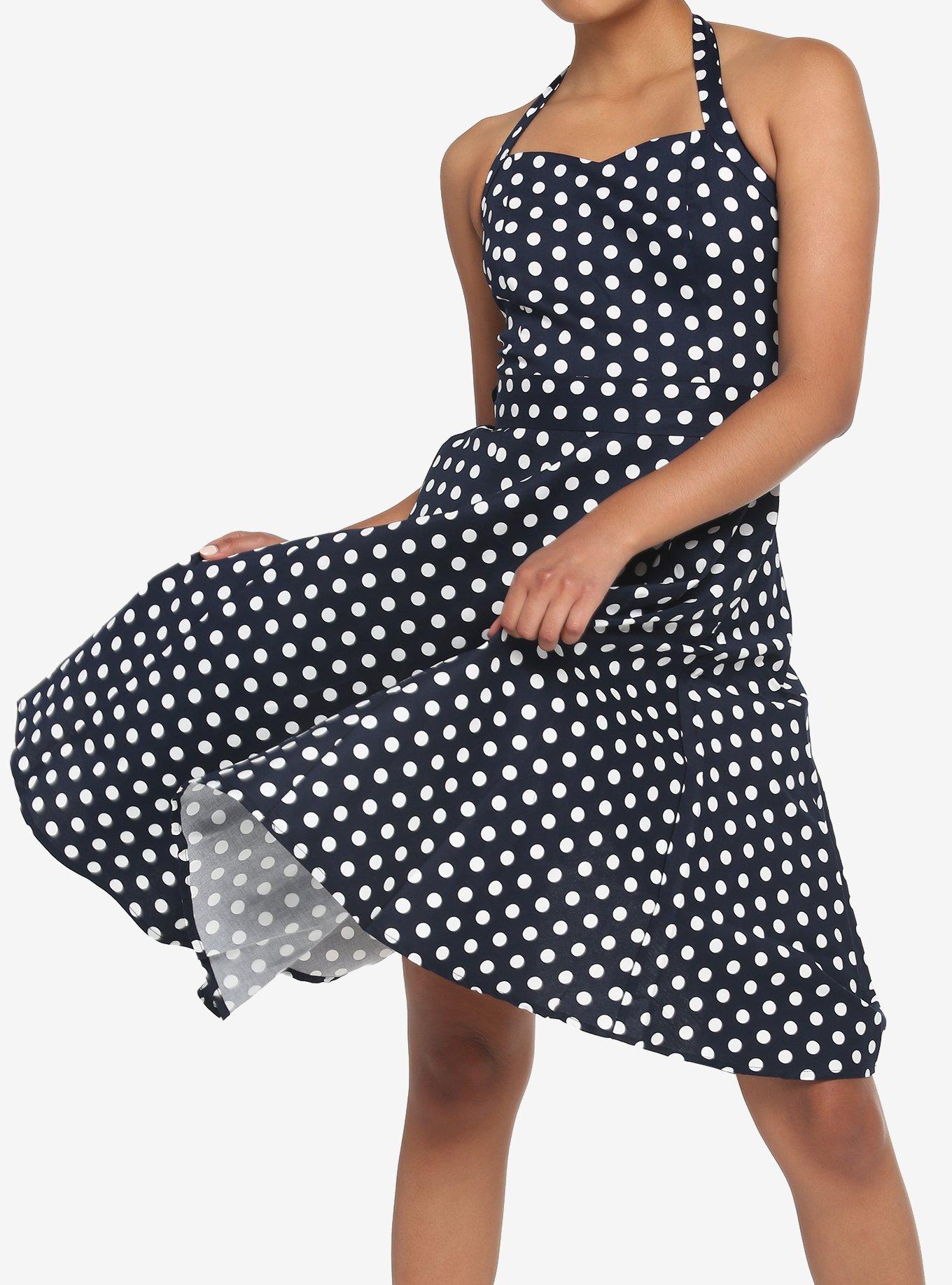 Navy Polka Dot Retro Halter Dress, BLACK, alternate