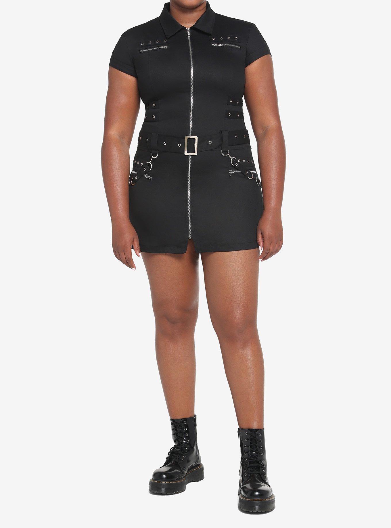 Black Grommets & Straps Zip-Up Dress Plus Size, BLACK, alternate