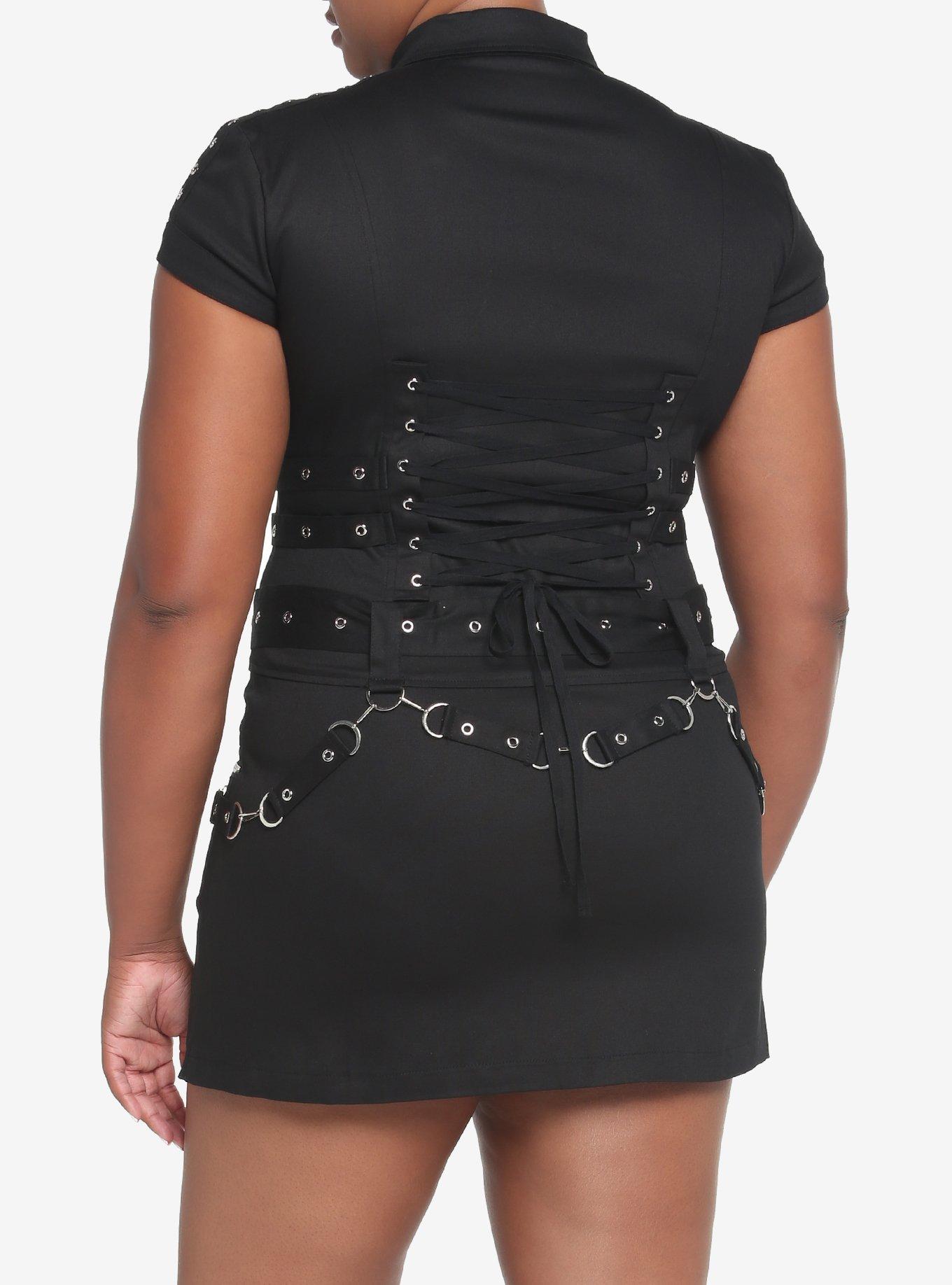 Black Grommets & Straps Zip-Up Dress Plus Size, BLACK, alternate