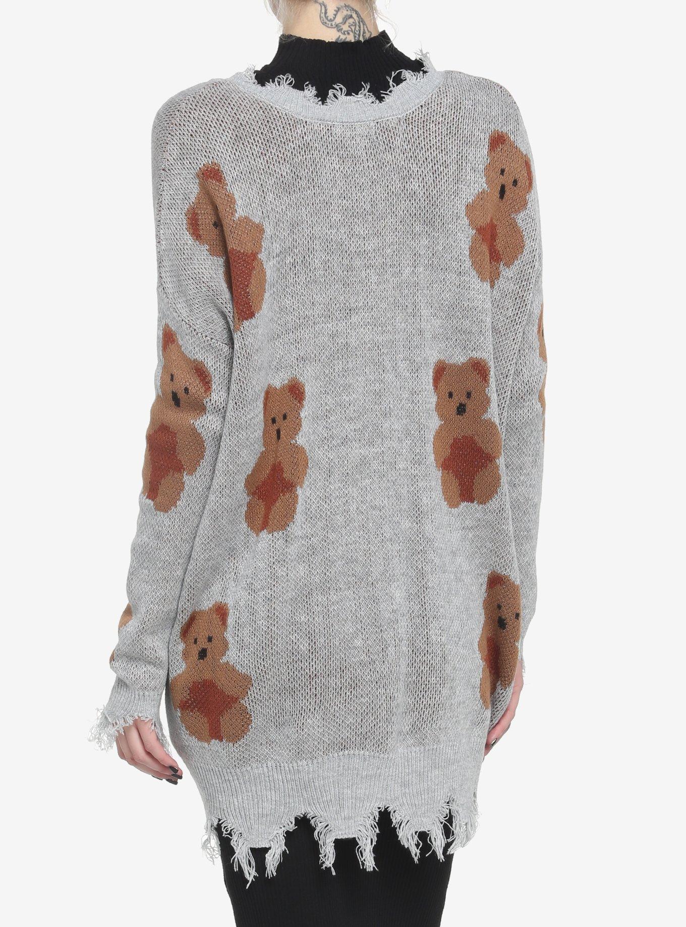 Teddy Bear Distressed Sweater Dress, GREY, alternate