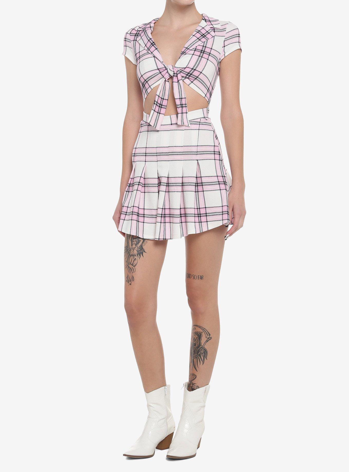 Pink & White Plaid Tie-Front Cutout Dress, , hi-res
