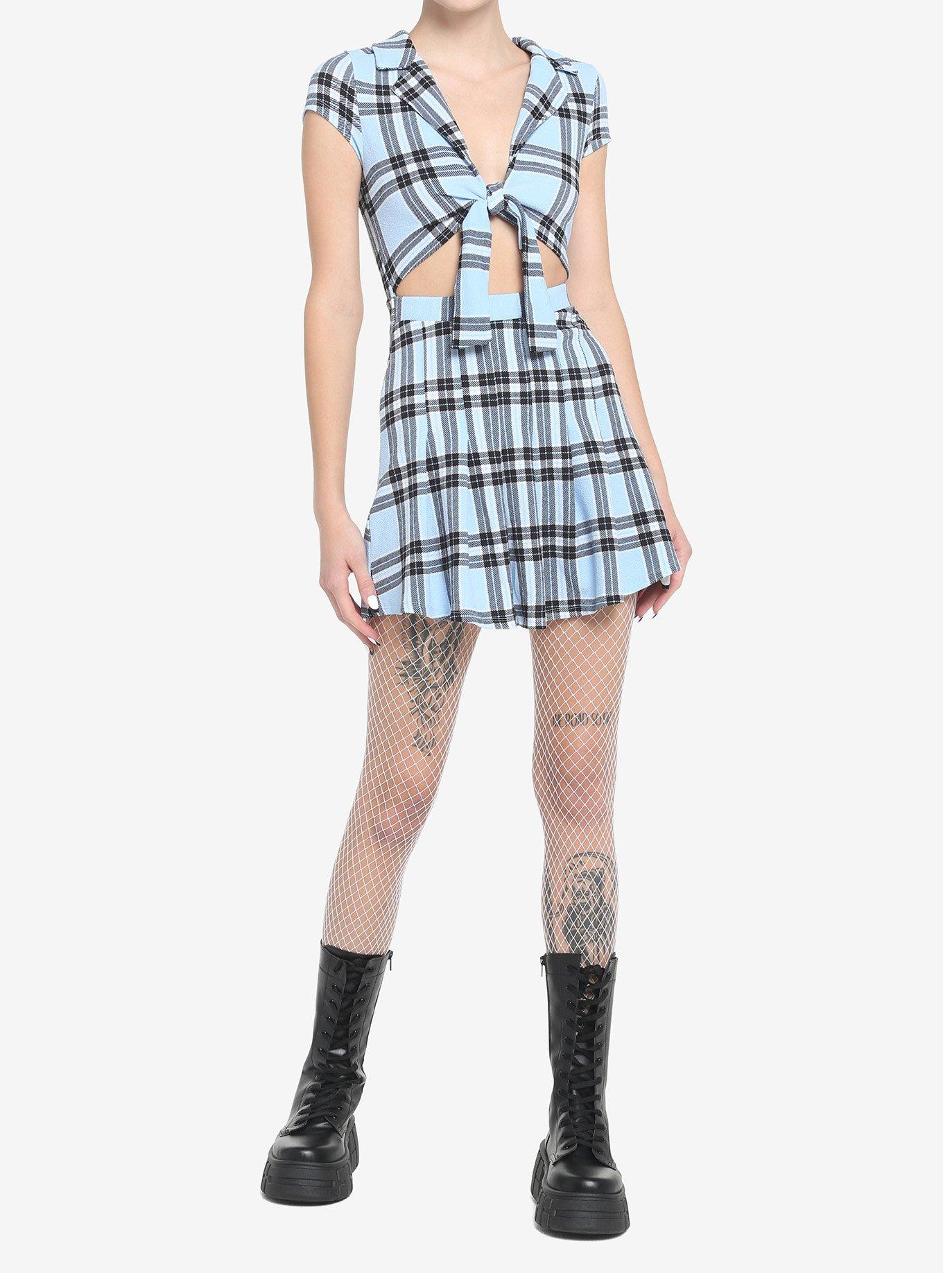 Light Blue Plaid Tie-Front Dress, , hi-res