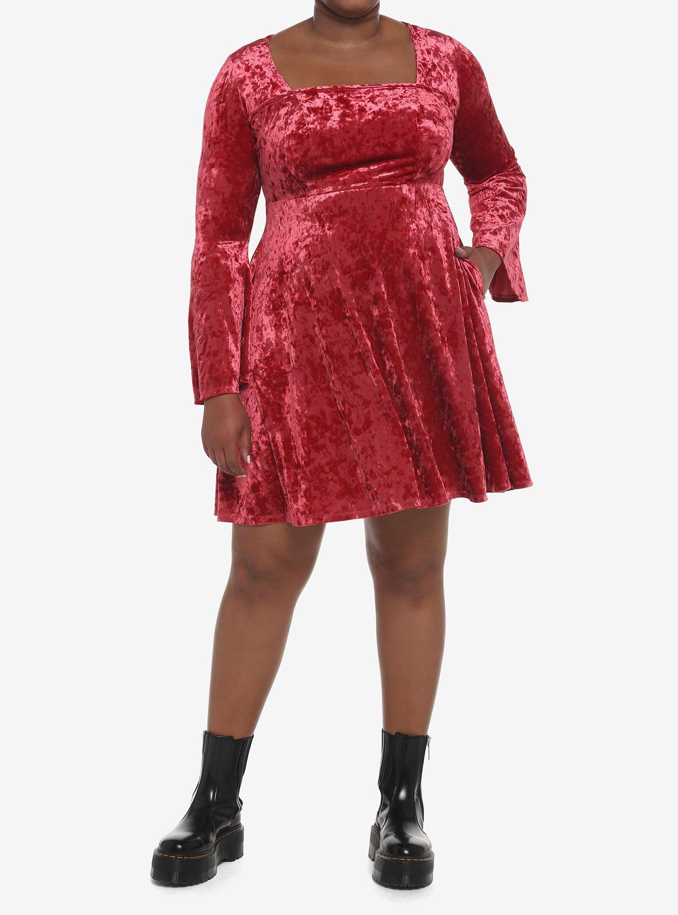 Red Crushed Velvet Bell Sleeve Mini Dress Plus Size, MULTI, alternate