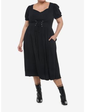 Black Puff Sleeve Corset Midi Dress Plus Size, , hi-res