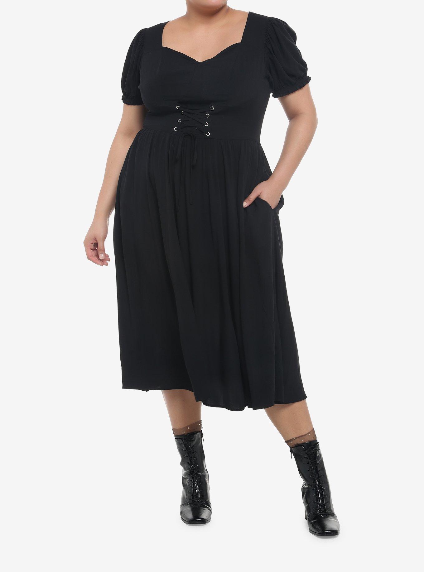 Black Puff Sleeve Corset Midi Dress Plus Size, MULTI, alternate - view 2