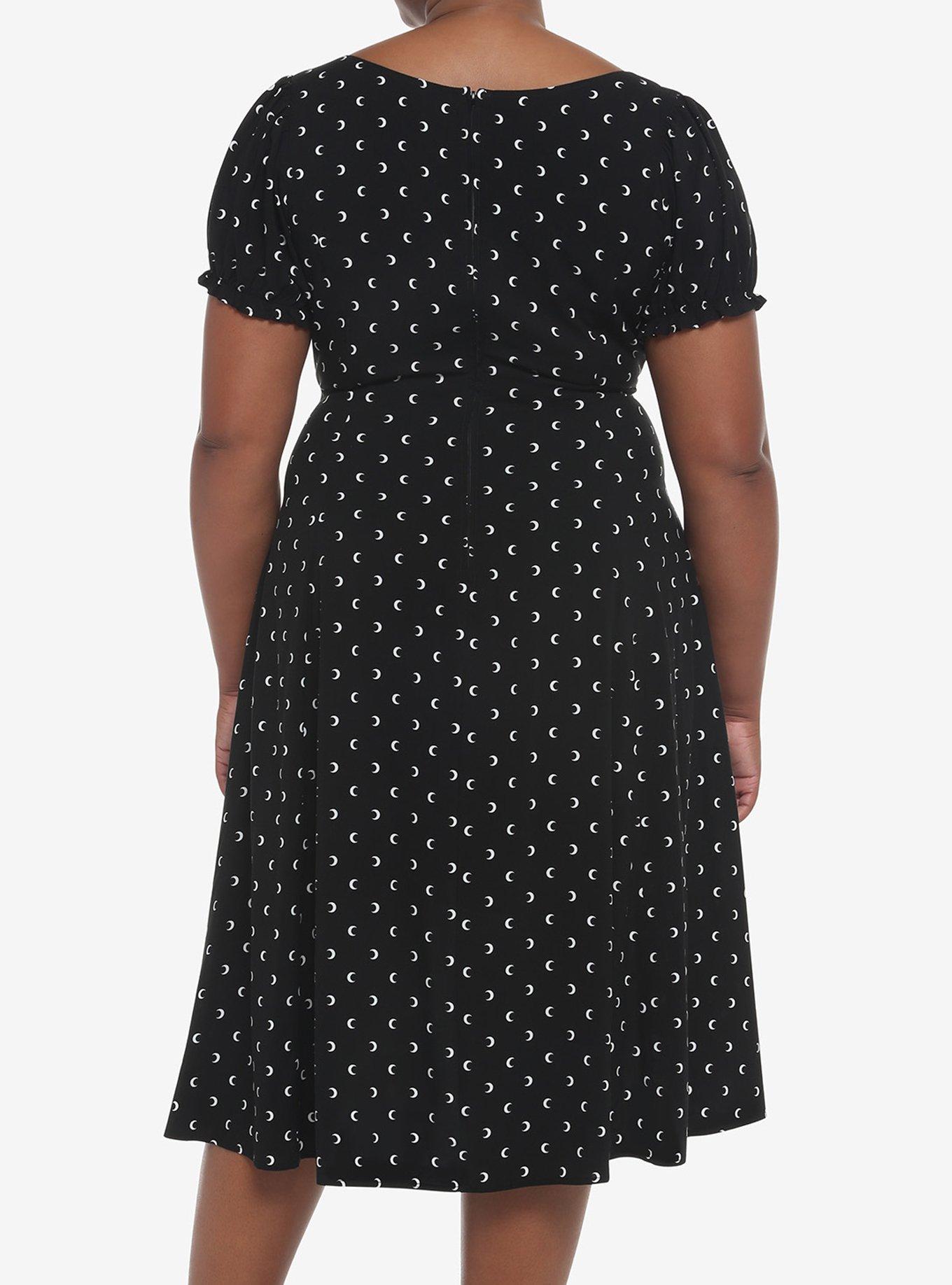 Black Crescent Moon Puff Sleeve Midi Dress Plus Size, MULTI, alternate