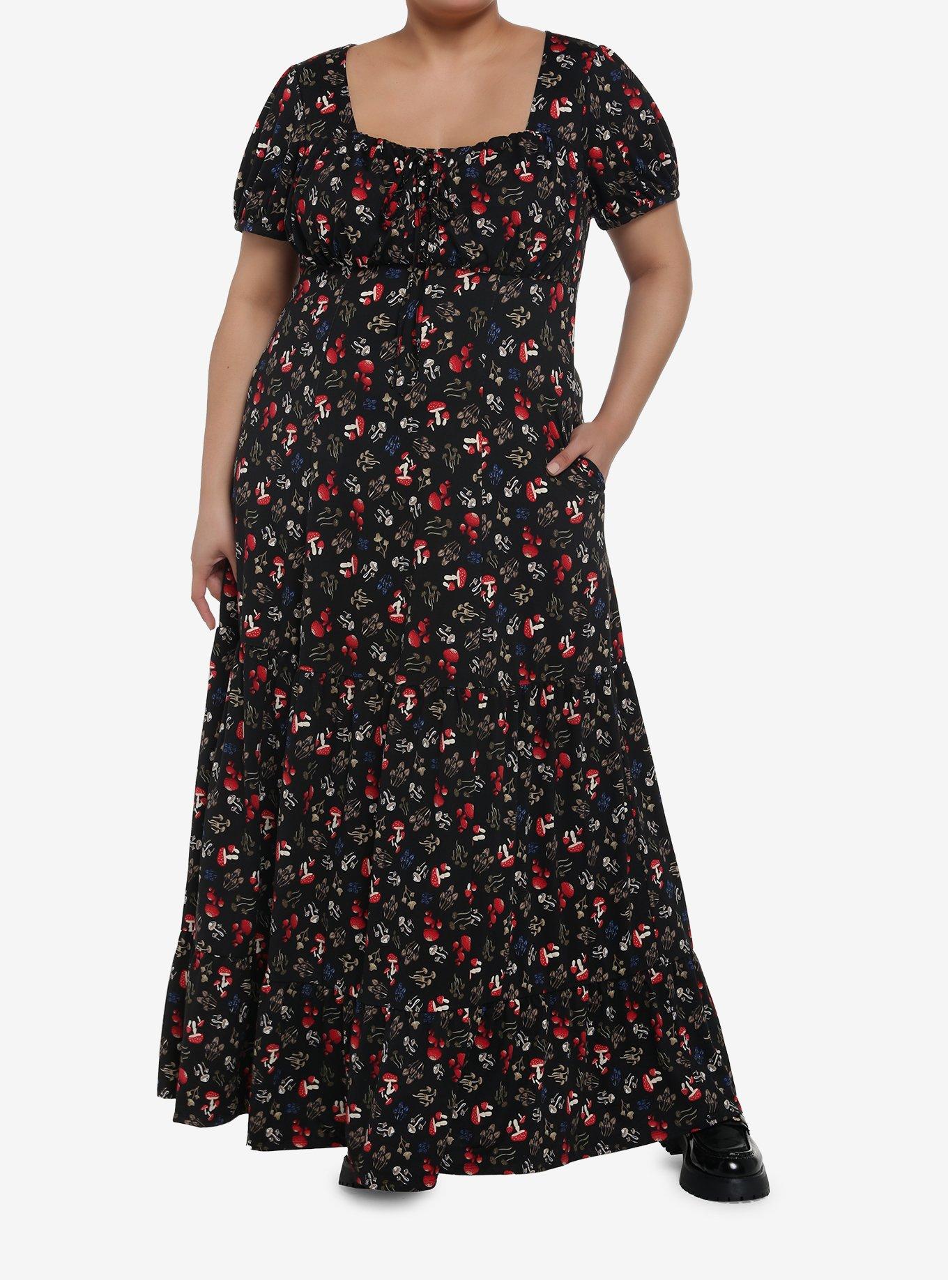 Mushrooms Allover Print Empire Waist Midi Dress Plus Size, MULTI, alternate