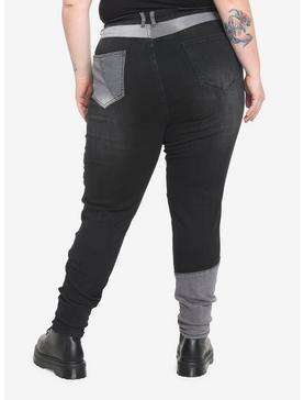 Black & Grey Patchwork Skinny Jeans Plus Size, , hi-res