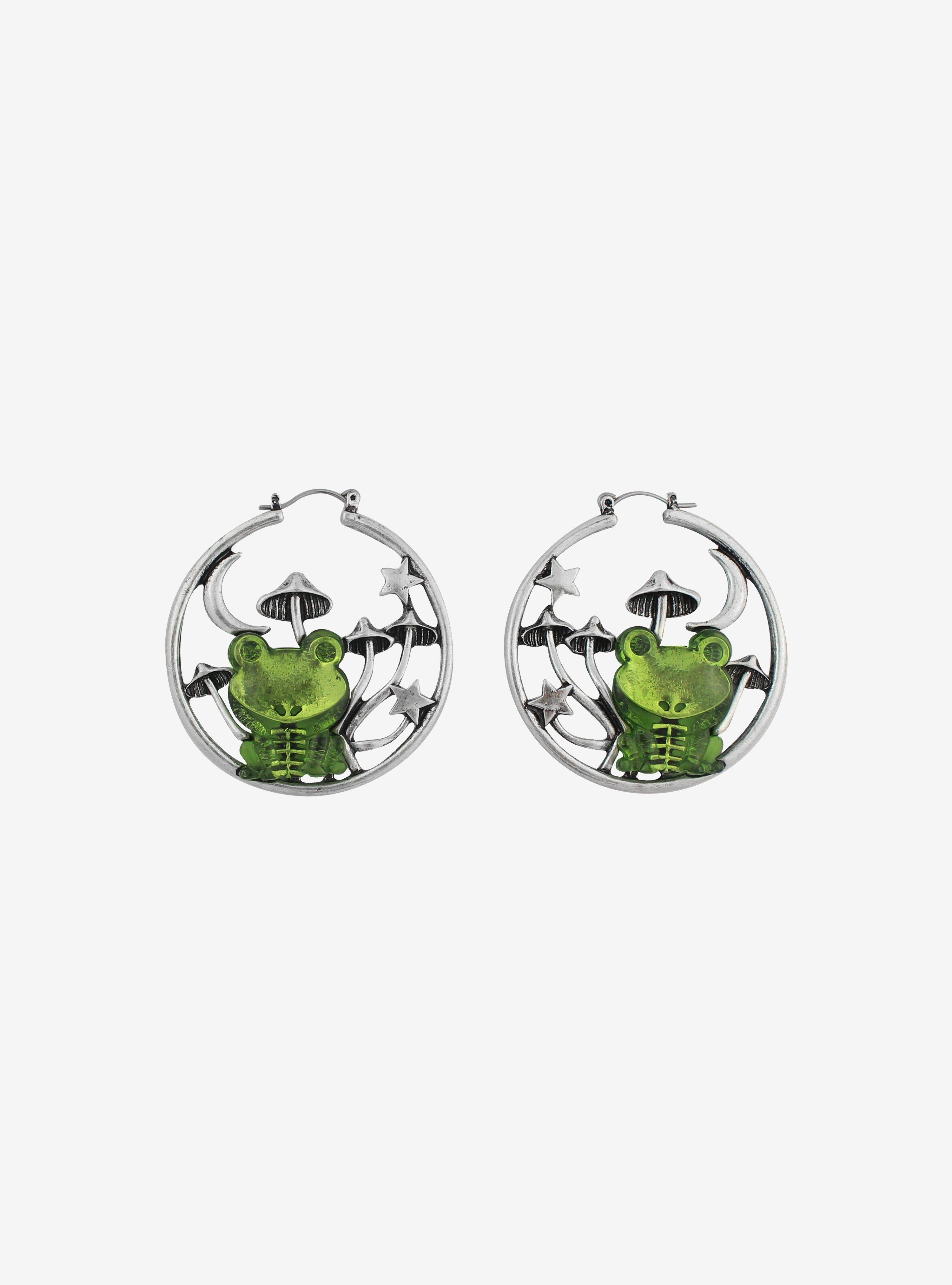 Skeleton Frogs & Mushrooms Hoop Earrings, , alternate