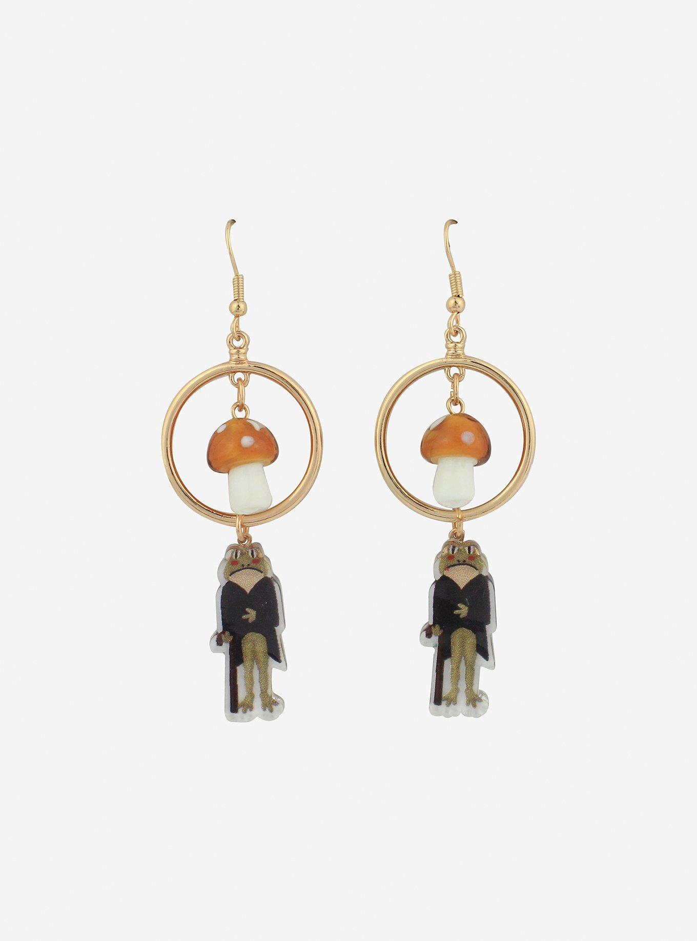 Mushroom Dapper Frog Drop Earrings, , alternate