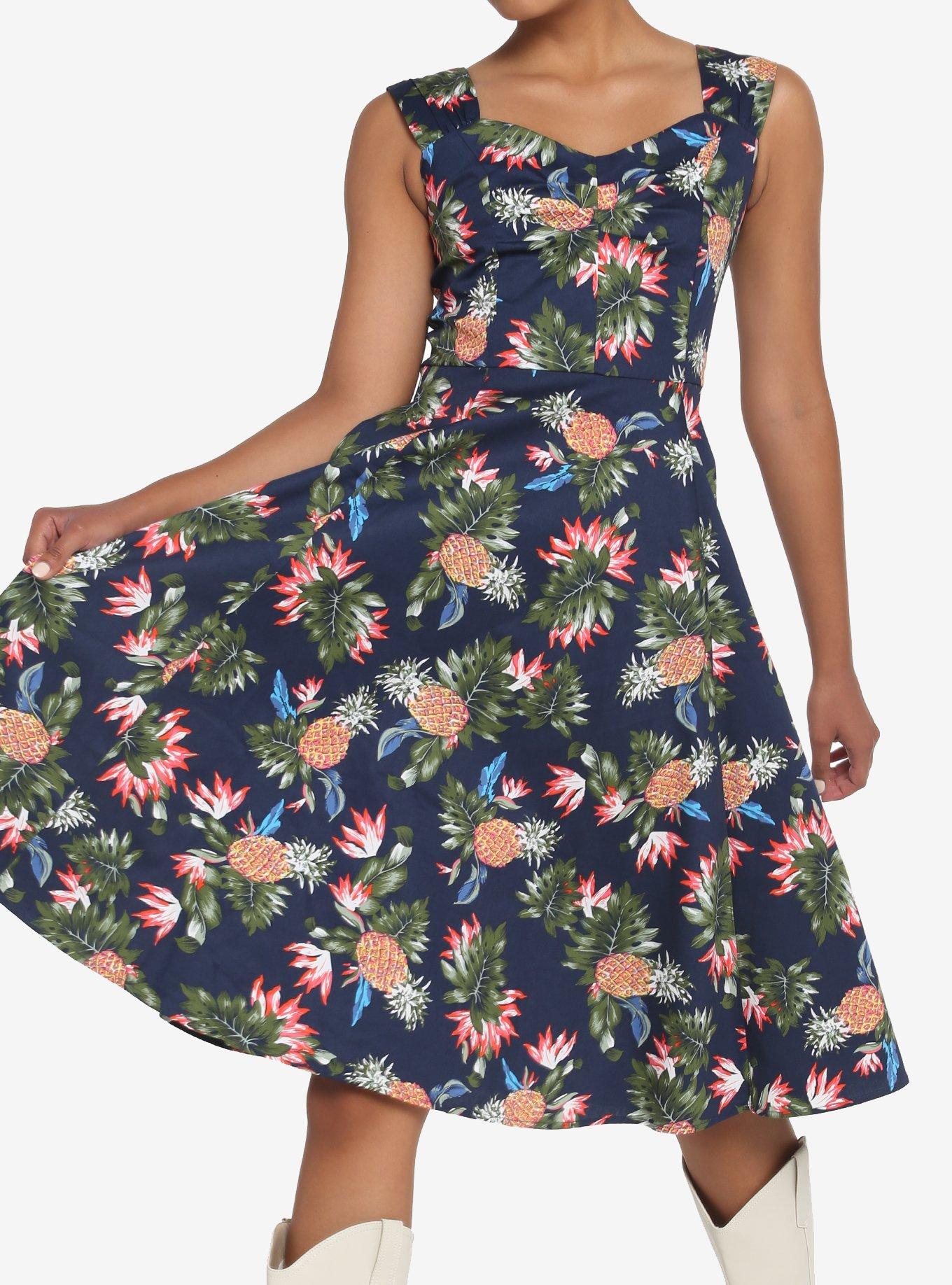 Navy Tropical Retro Dress, PINEAPPLE - WHITE, alternate