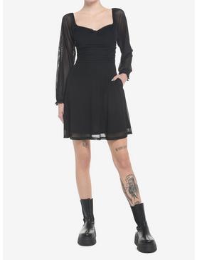 Black Bust Cup Ruched Peasant Long-Sleeve Dress, , hi-res