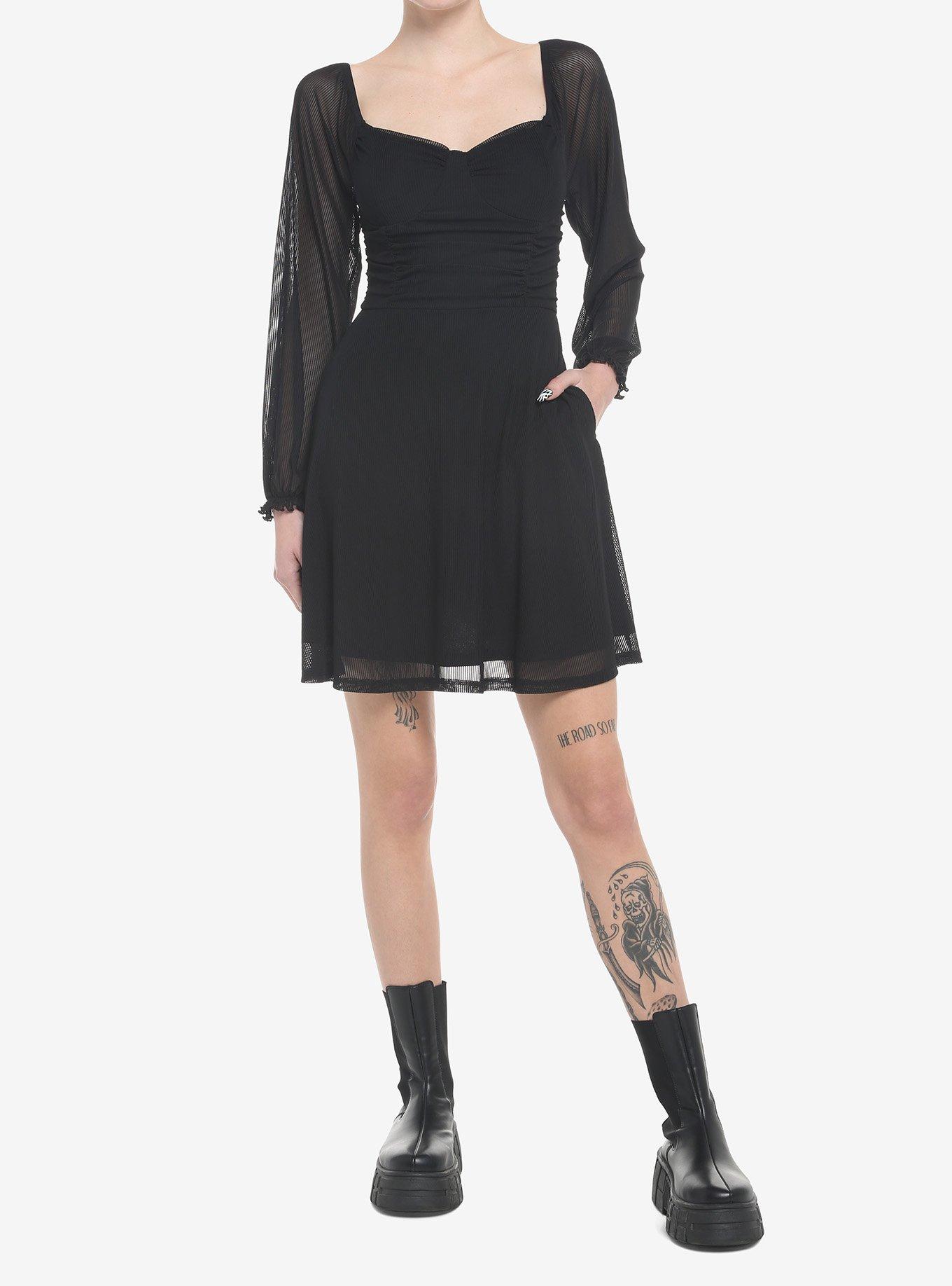 Black Bust Cup Ruched Peasant Long-Sleeve Dress, BLACK, alternate