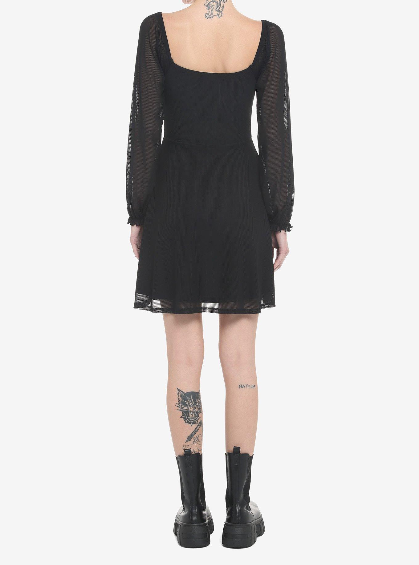 Black Bust Cup Ruched Peasant Long-Sleeve Dress, BLACK, alternate