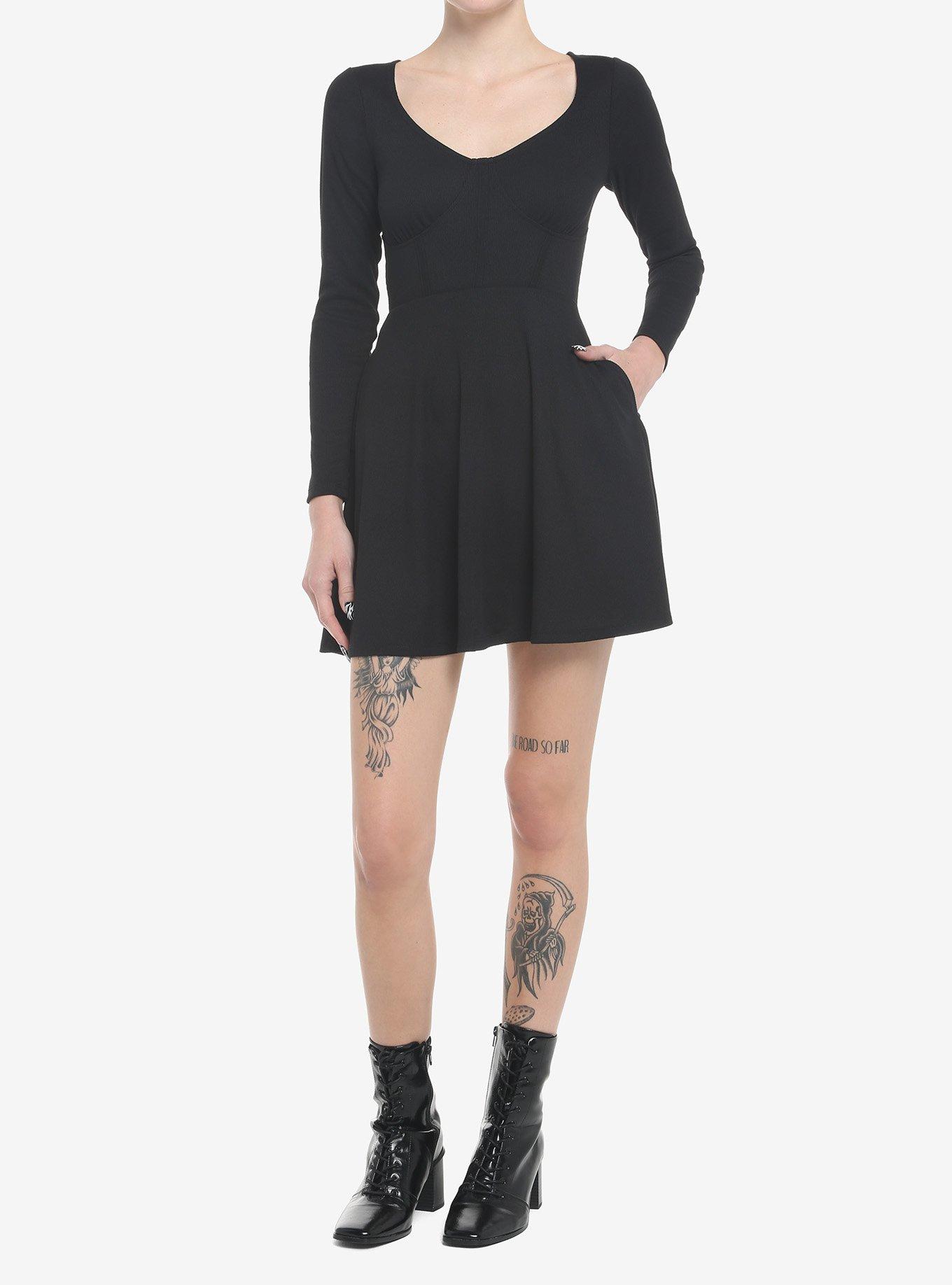 Black Corset Seam Long-Sleeve Dress, , hi-res