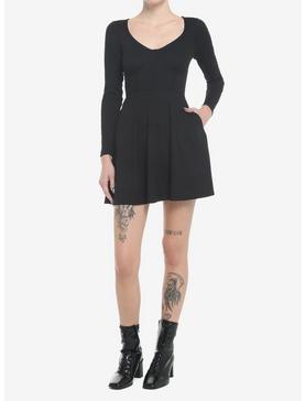 Black Corset Seam Long-Sleeve Dress, , hi-res